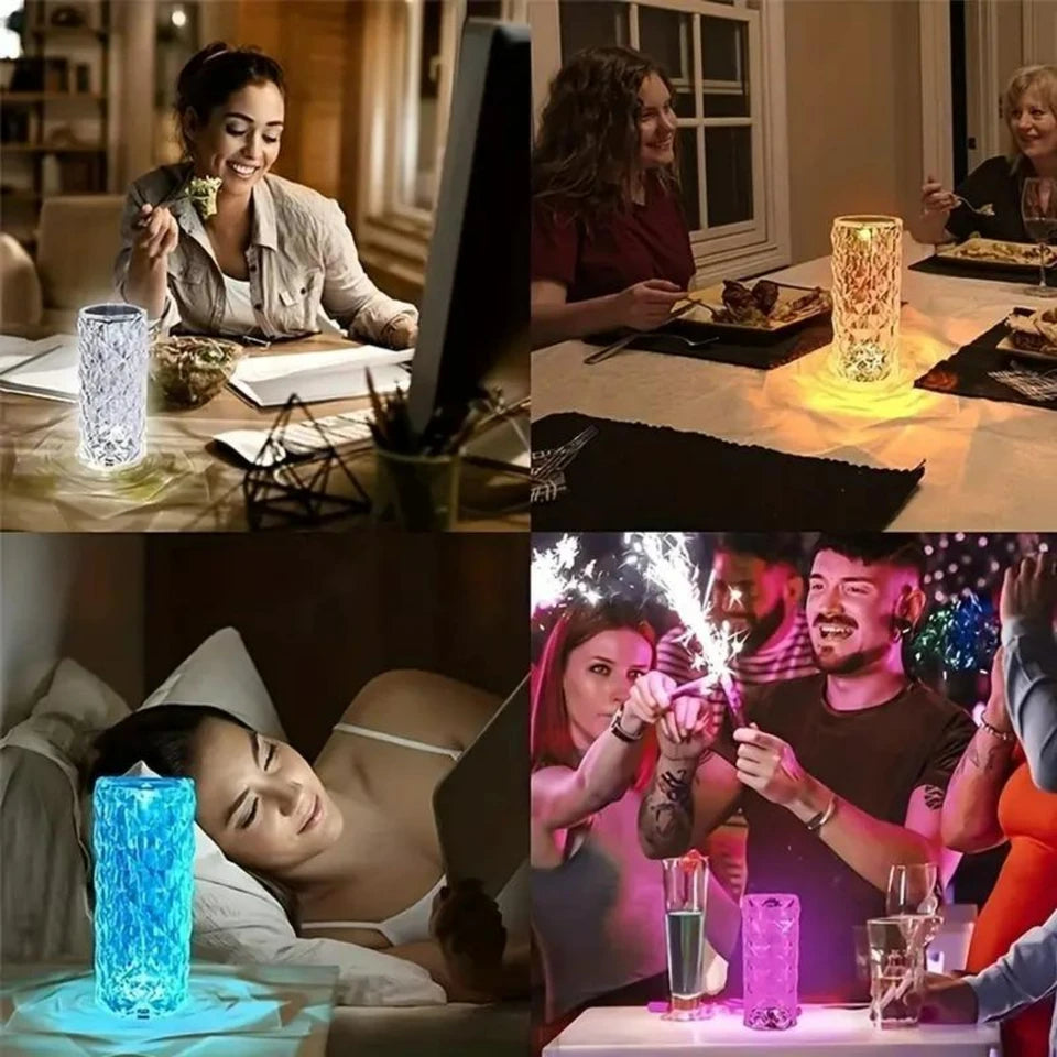 16 Colors Crystal Rose Touch Lamp – USB Rechargeable Acrylic Bedside Table Lamp with Remote
